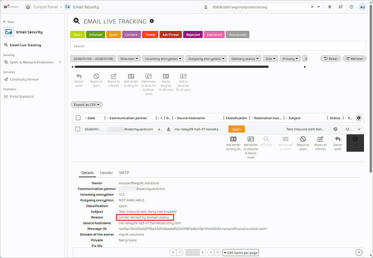 Screenshot of the Email Live Tracking page